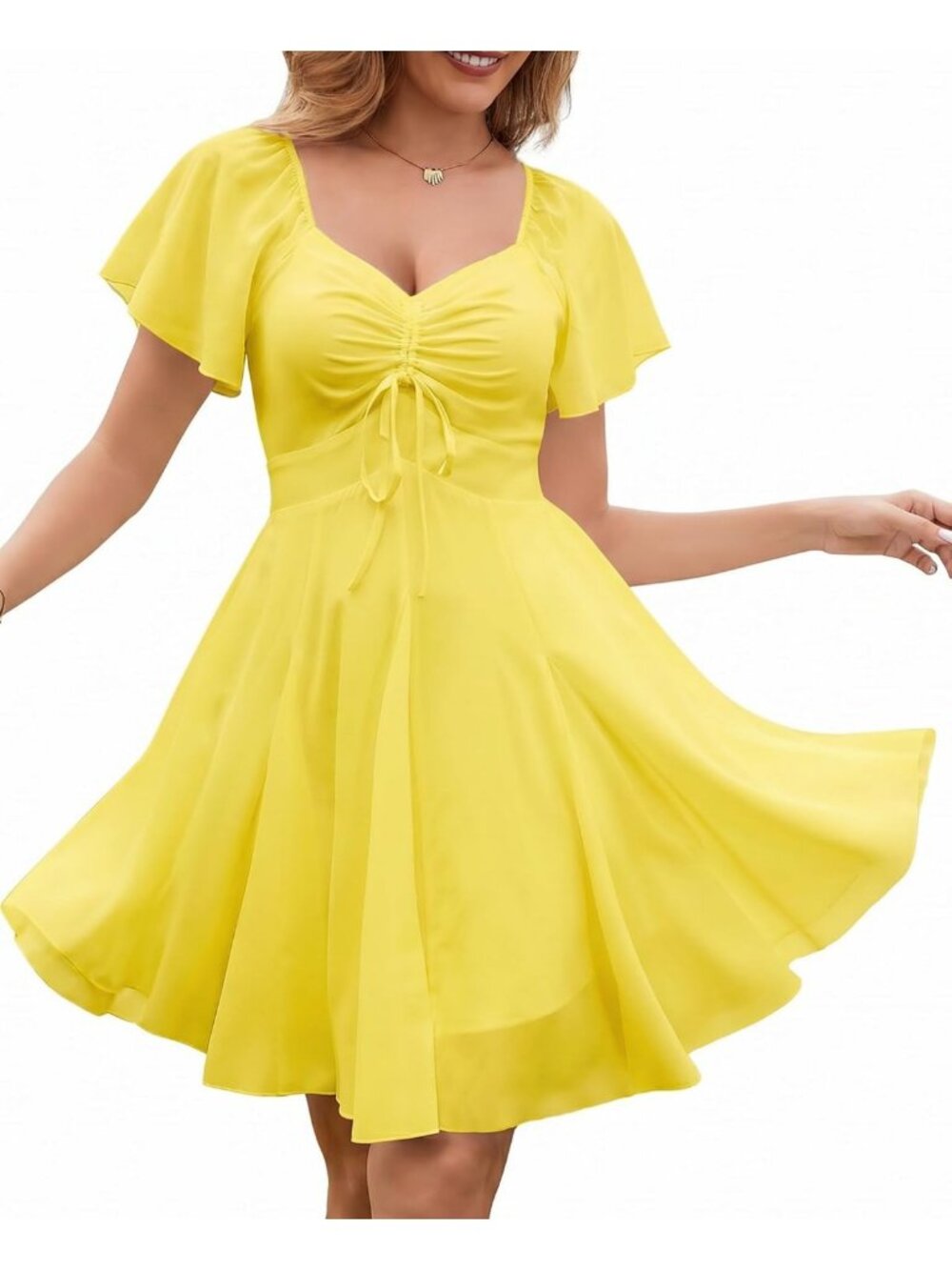 Sweetheart Neckline Flutter Sleeve Mini Dress | Summer Tie Back Drawstring Style